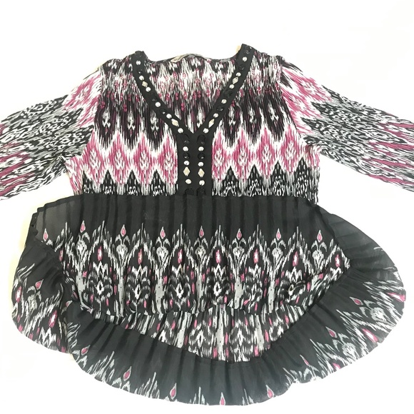 Larry Levine V-Neck Top • Long Sleeve • Pink Black Gray Ikat Print Stretchy - Picture 6 of 13